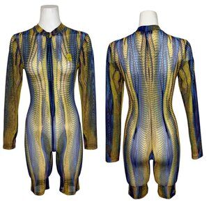 Shane Justin Ryder Blue Yellow Printed Jumpsuit Bodysuit S Zip Up Romper Sheer